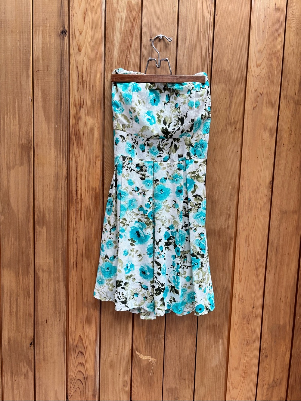 Strapless Floral A-Line Dress in Aqua and White